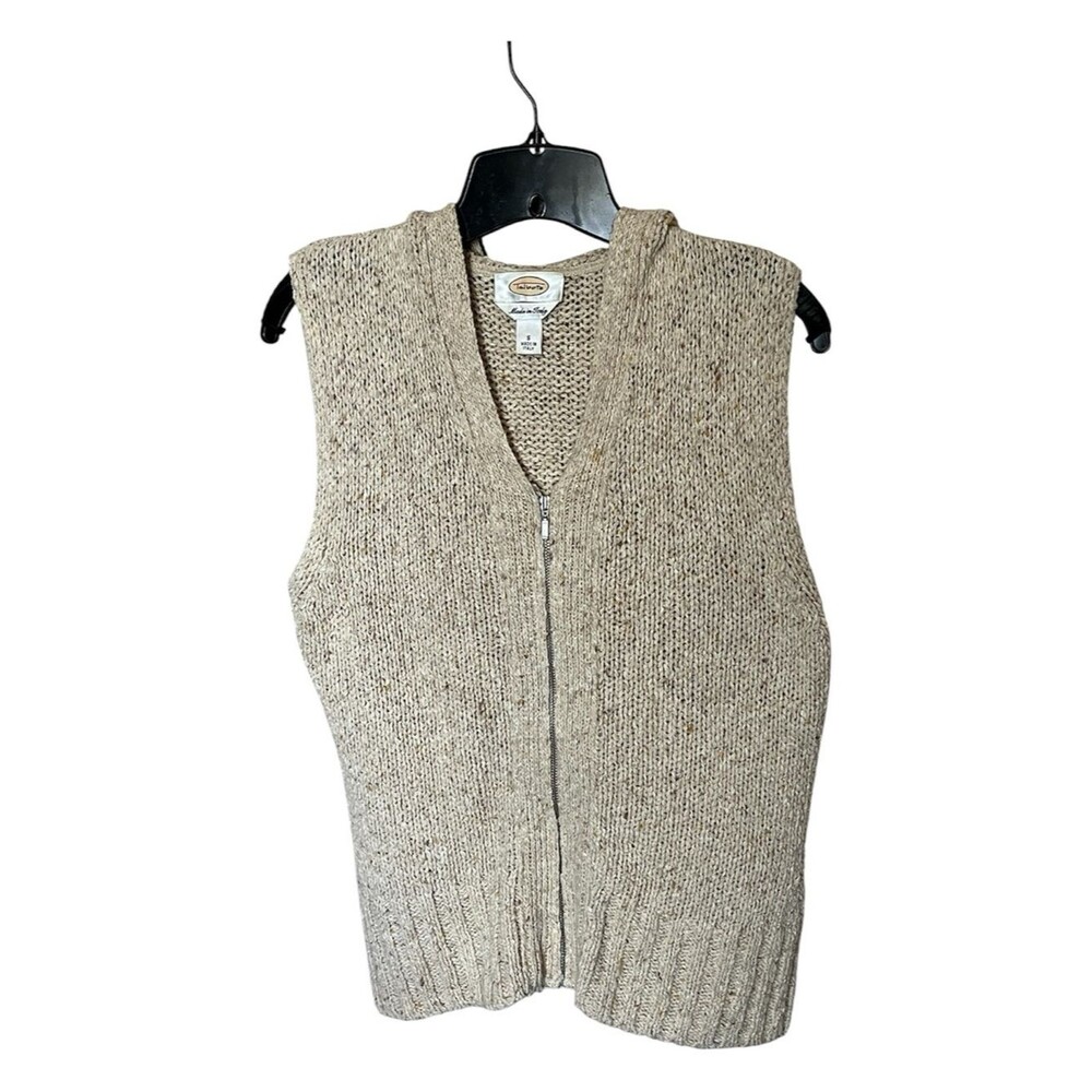 Talbots Made in Italy Wool-Blend Beige Hooded Zip Front Sweater Vest Size Small